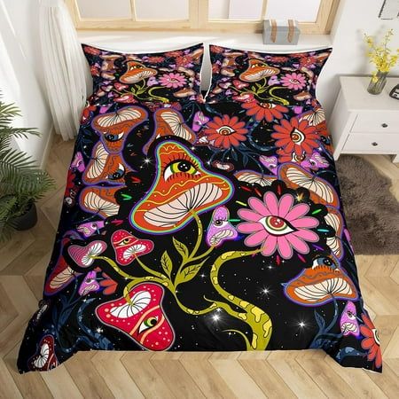 an image of a bed with colorful flowers and plants on the comforter cover set