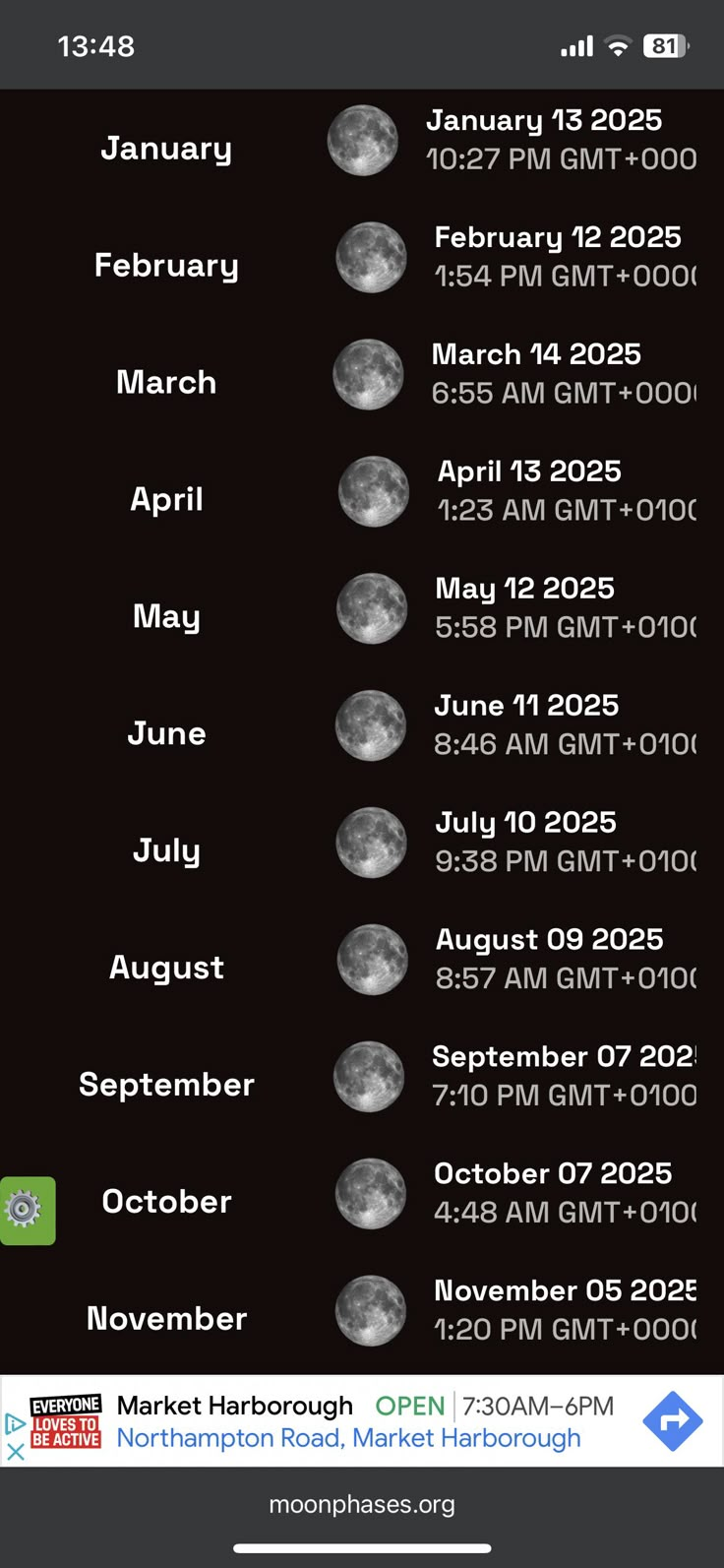 the moon calendar is displayed in black and white with different times to go on it