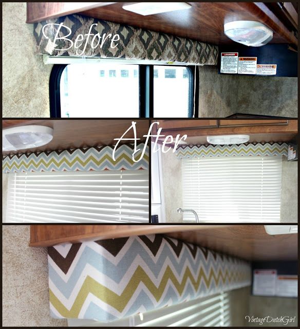 before and after photos of the interior of a camper's rv with curtains pulled down