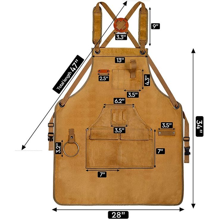 an apron with measurements for the size and shape of each item in front of it