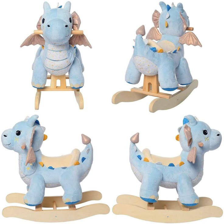 four blue toy animals sitting on wooden rockings, one in the shape of an elephant