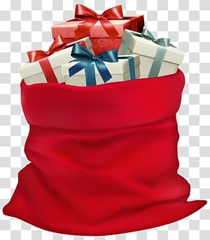 a red bag filled with wrapped presents on top of a white background png clipart