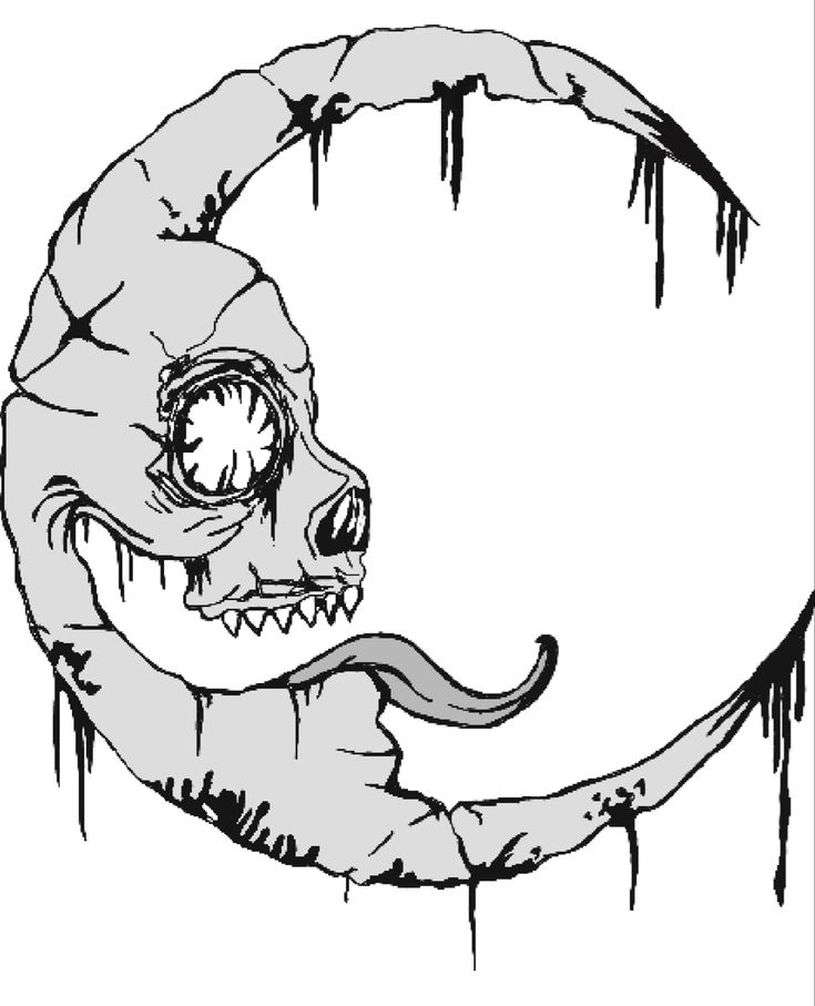 a black and white drawing of a crescent moon with an animal's face in the center