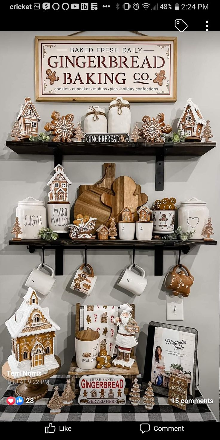 the gingerbread bakery display is decorated with gingerbread cookies and other holiday treats on shelves