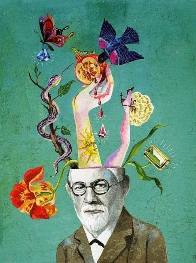 an old man with flowers and birds on his head, surrounded by other things in the air