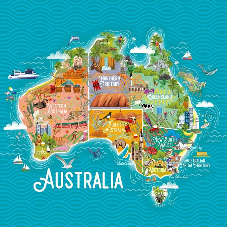 an illustrated map of australia with all the major attractions