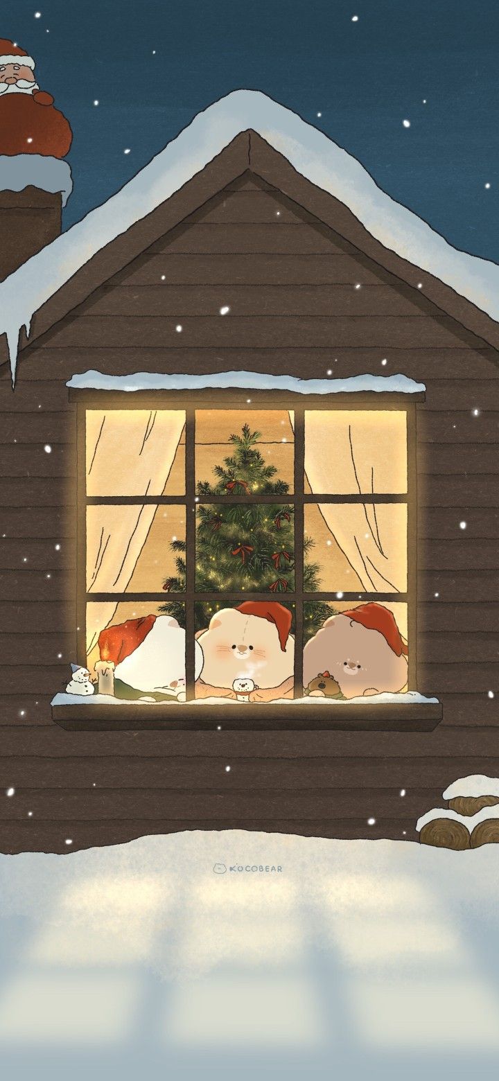 a christmas scene with two people looking out the window at a tree and snow covered roof