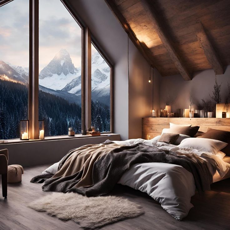 a bedroom with a large window overlooking the mountains is lit up by candles and lights