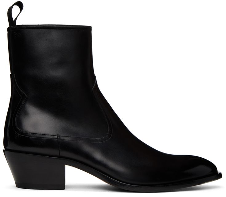 Paneled buffed calfskin Chelsea boots in black. · Pointed toe · Webbing pull-loop at heel collar · Zip closure at inner side · Buffed leather lining · Stacked leather Cuban heel · Leather sole with rubber injection · Heel: H2 in Supplier color: Black Cuban Heel Boots Men, Point Toe Boots Outfit, Men Heels, Mens Heeled Boots, Cuban Heel Boots, Chelsea Boots Men Outfit, Boots Men Outfit, Boots Outfit Men, Mens Dress Boots