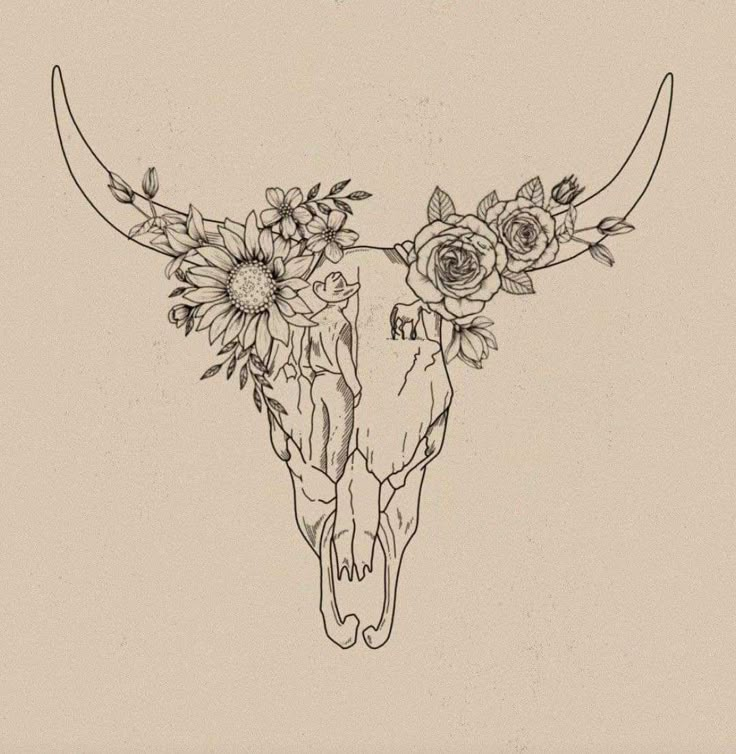 a cow skull with flowers on it's head and the words, i love you