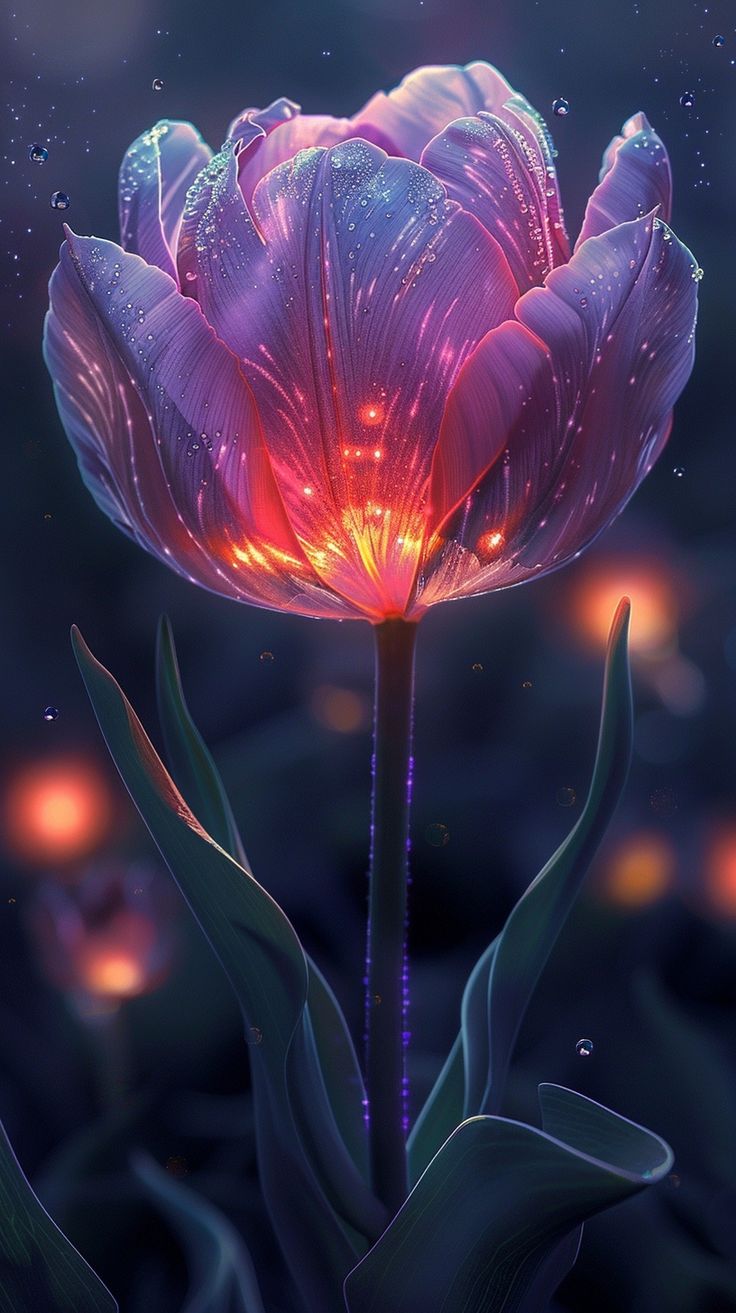 a pink flower with glowing petals in the dark night sky and water droplets on it's petals