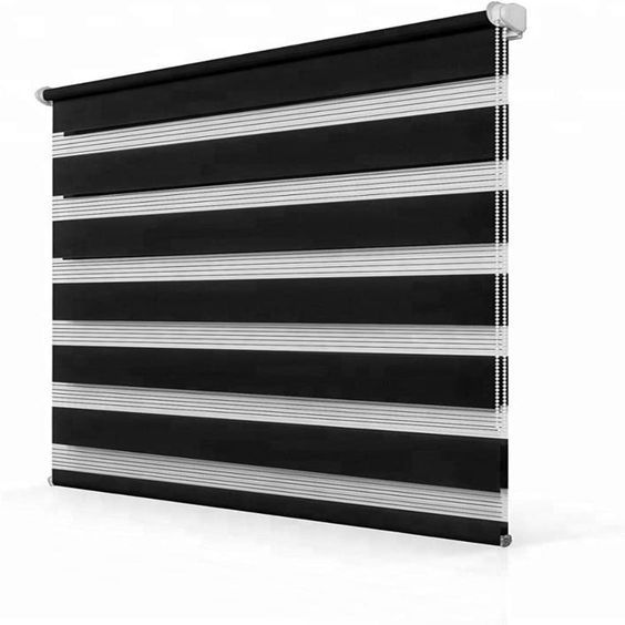 a black and white roller shade with horizontal stripes on the bottom, in front of a white background