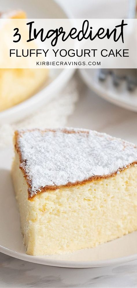 three ingredient fluffy yogurt cake with powdered sugar on top