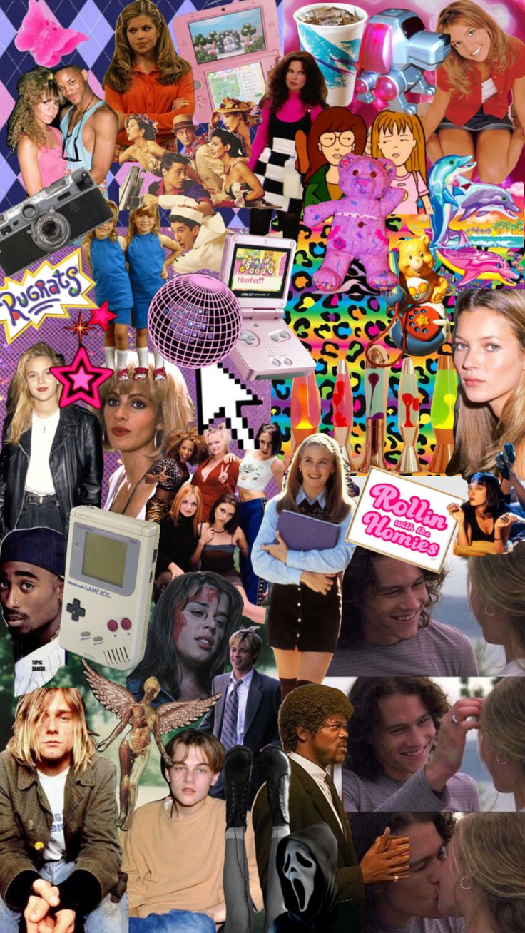 the collage shows many different people in their outfits and hair, with one woman holding a camera