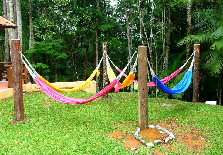 several colorful hammocks tied to wooden posts in the grass near some trees and bushes