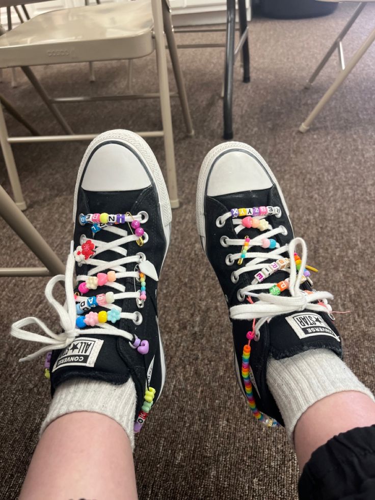 I put beads on my converse Converse Ideas Beads, How To Decorate Converse Sneakers, Converse Laces Ideas Beads, Converse Beads On Laces Words, Shoes Beads On Laces, Beading Converse, Converse Shoes Beads, Decorated Converse Beads, Converse Shoes Decorated