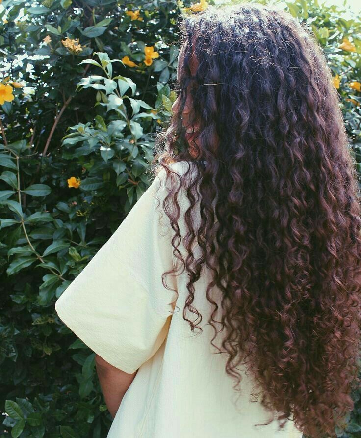 the back of a woman's head with long, curly hair and flowers in the background