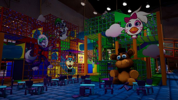 an animated image of a teddy bear sitting in front of colorful walls and tables with chairs