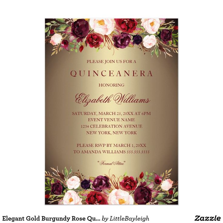 an elegant quinceauera wedding card with roses and leaves on the front, in gold