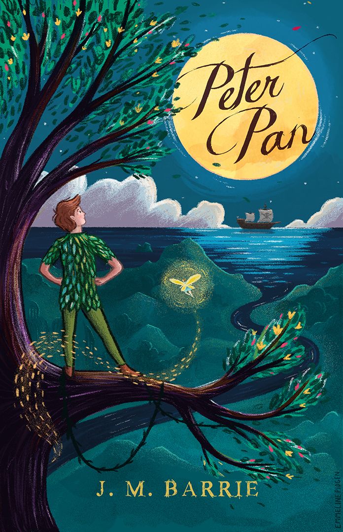 the cover of peter pan by j m barbiee, with an illustration of a boy standing on a tree branch