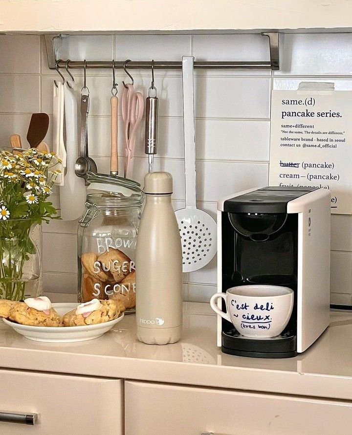 the kitchen counter is clean and ready to be used for breakfast or desserts,