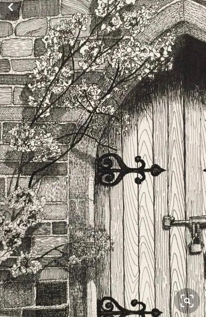 a drawing of an open door with flowers growing out of it