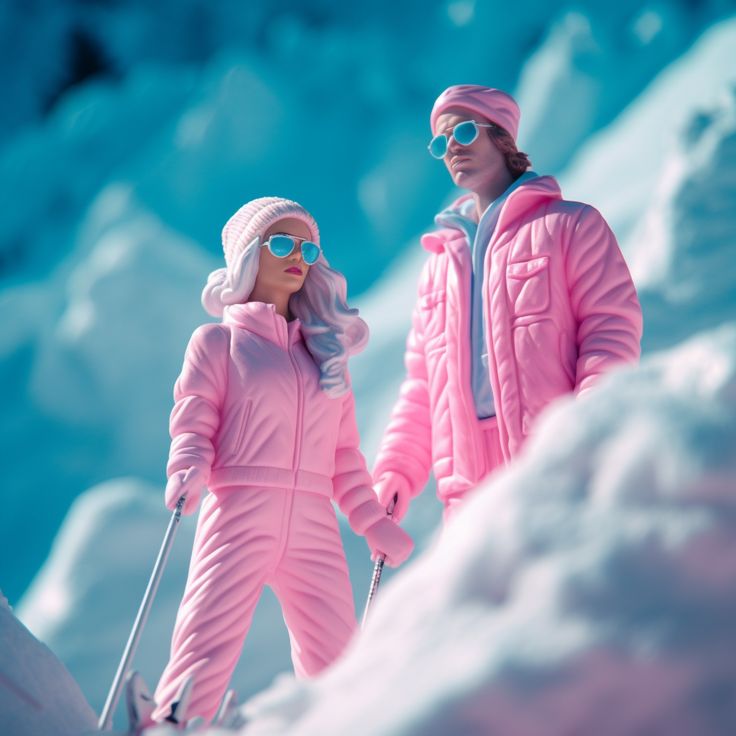 two people in pink snowsuits standing on top of a mountain