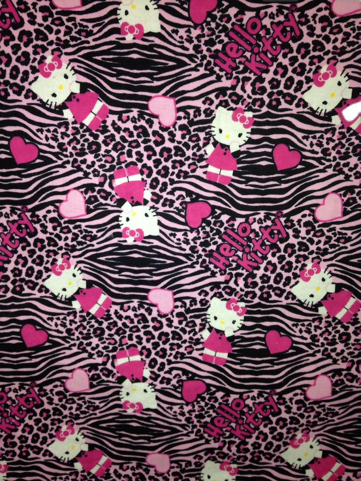 a pink and black fabric with hello kitty hearts on the zebra print, which says hello kitty