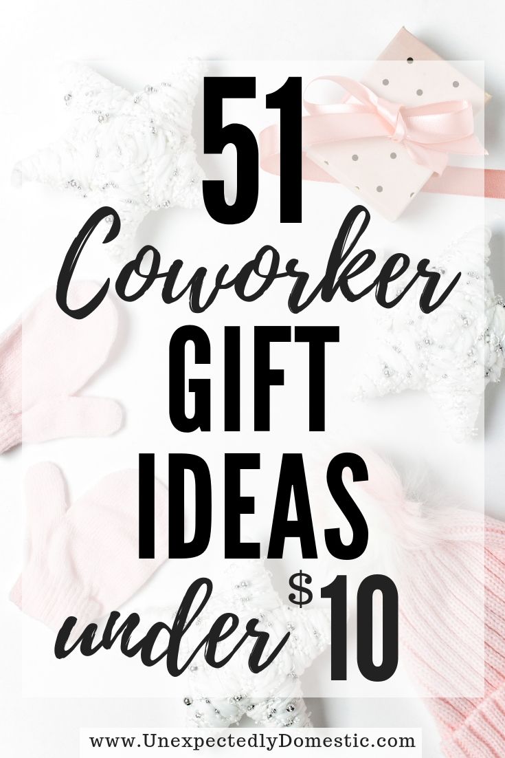 the text reads, 51 coworker gift ideas under $ 10 with pink and white bows