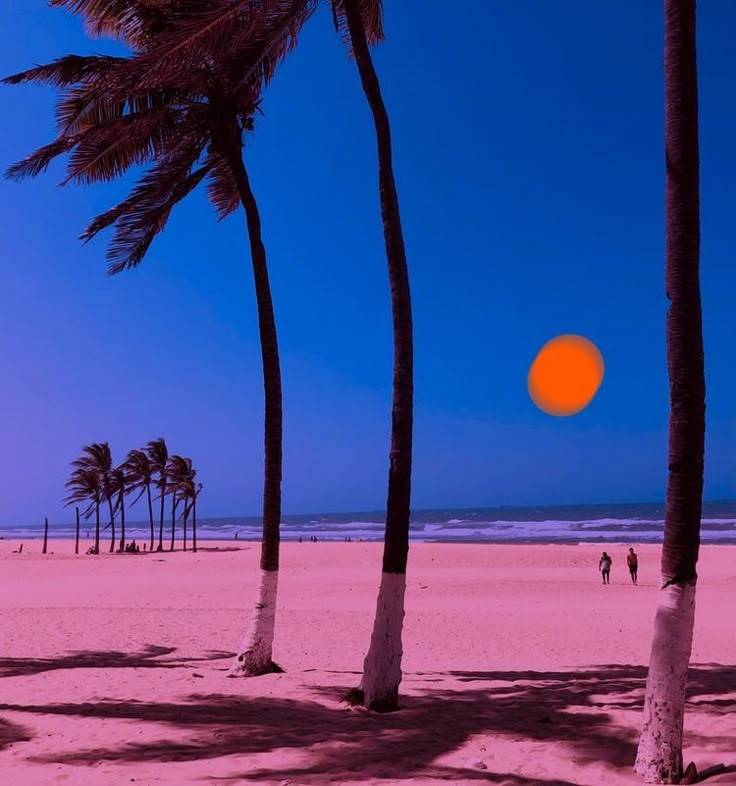 palm trees and people walking on the beach at sunset with an orange ball in the sky