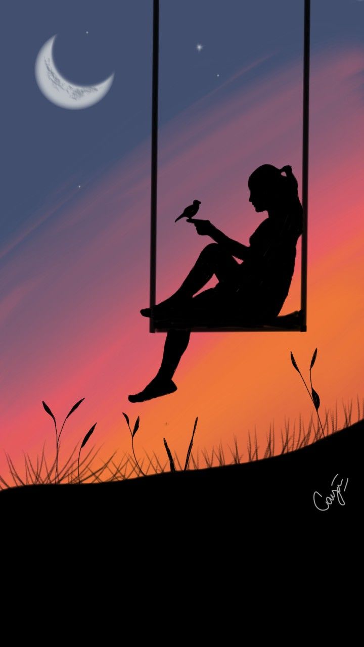 a woman sitting on a swing reading a book at night with the moon in the background