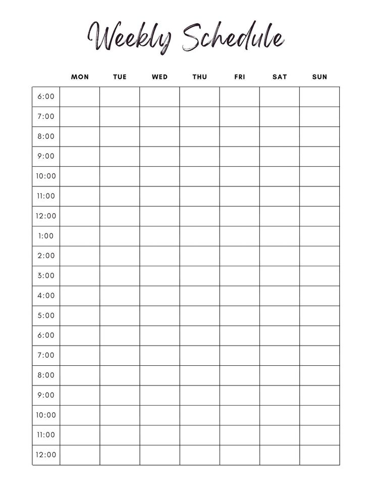 the printable weekly schedule is shown in black and white, with numbers on it