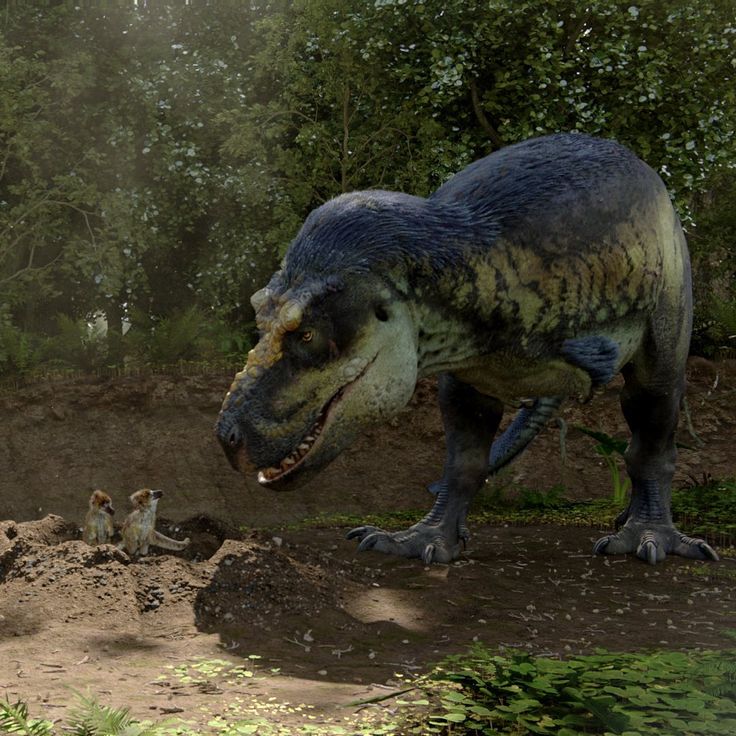 an image of a dinosaur that is walking in the dirt with other animals around it