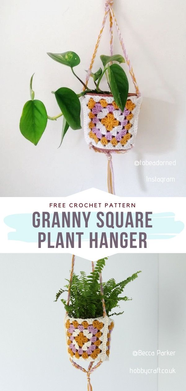 a crocheted plant hanger with plants in it and the words granny square plant hanger