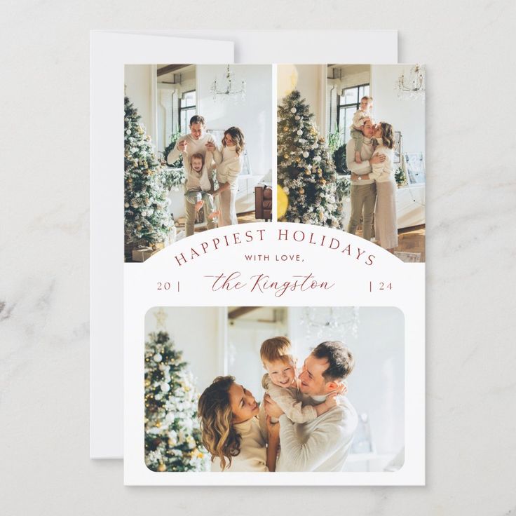 the holiday card features two photos of people in front of a christmas tree