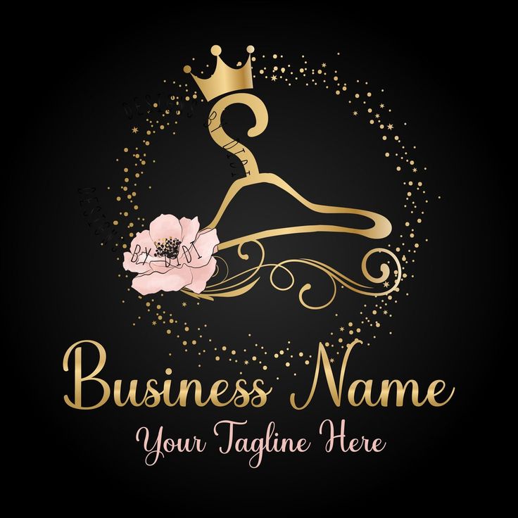 a business name with a flower and a gold hanger on the black background illustration