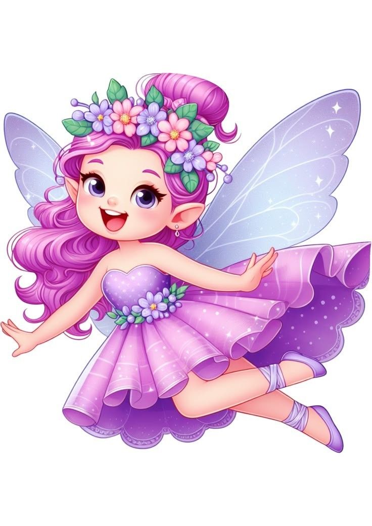 a cartoon fairy with purple hair and flowers on her head is flying through the air