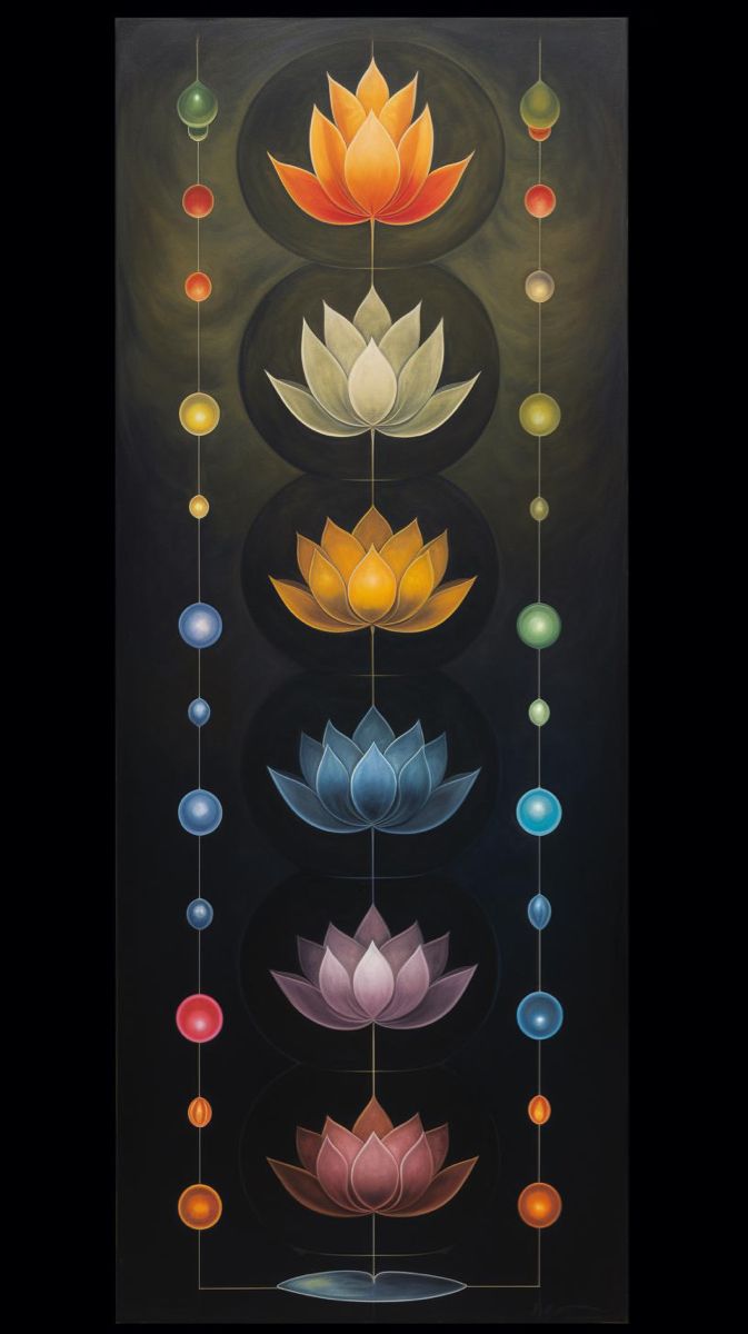 an image of a painting with different colors and shapes on it's sides, including lotuses