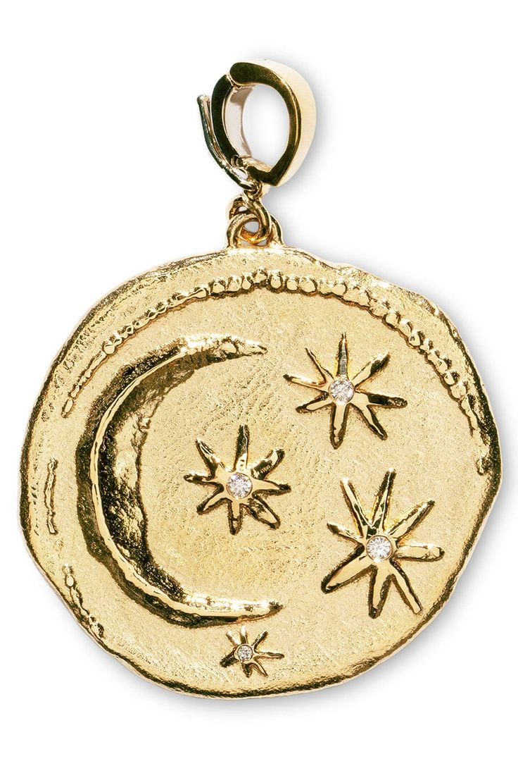 AZLEE JEWELRYFINE JEWELPENDANT YLWGOLD Large Cosmic Diamond Coin Charm Jewelry Mood Board, Clay Inspo, Star Motif, Coin Design, Oversized Tote Bag, Golden Jewelry, Nice Style, Themed Jewelry, Moon And Stars