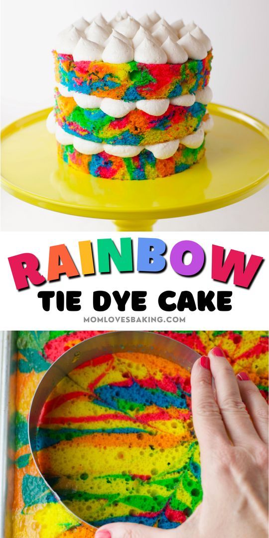 rainbow tie dye cake on a yellow plate