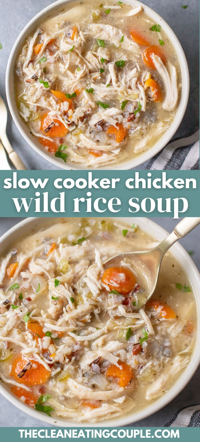 two bowls of slow cooker chicken wild rice soup