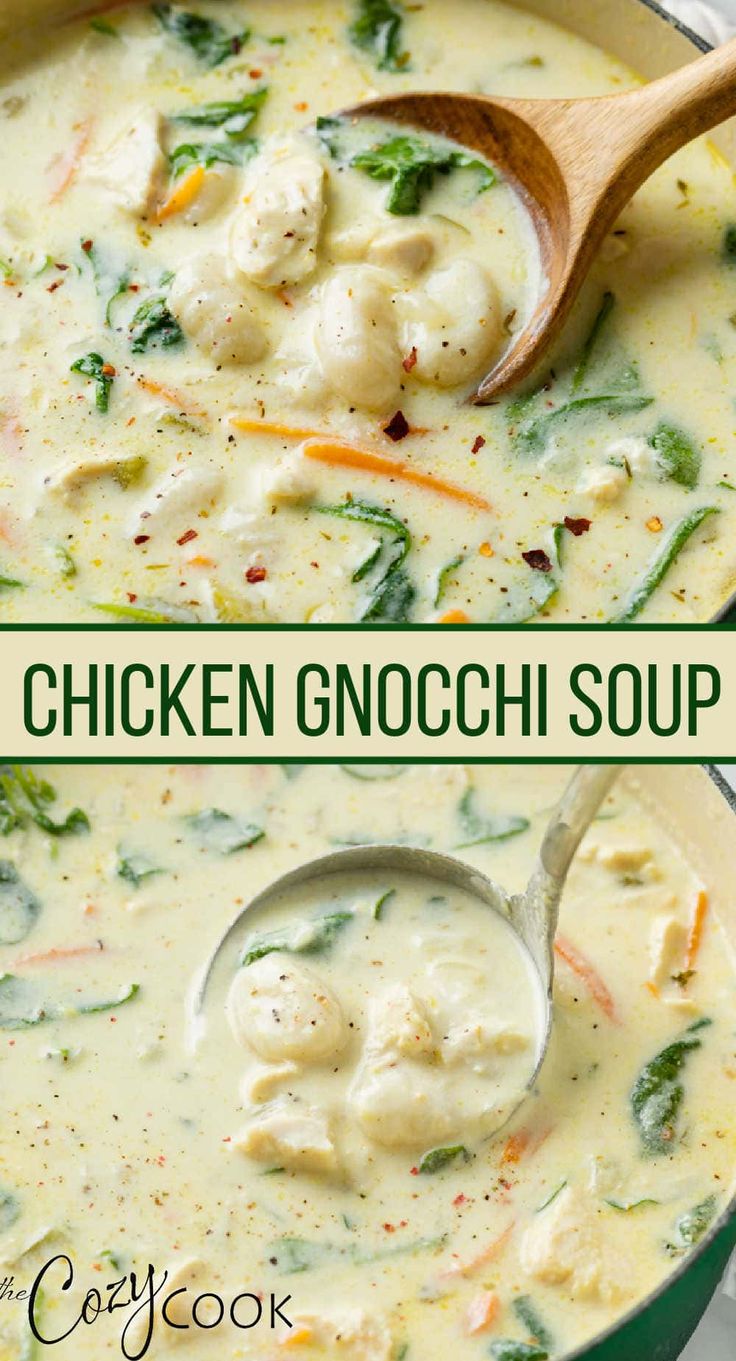 chicken gnocchi soup in a green pot with a wooden spoon