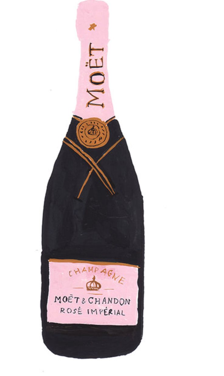 a drawing of a bottle of champagne with pink and black writing on the label,