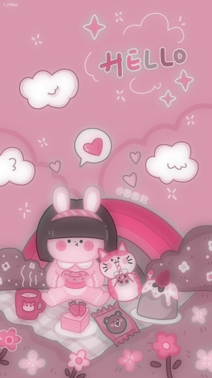 hello kitty wallpaper with pink background and clouds