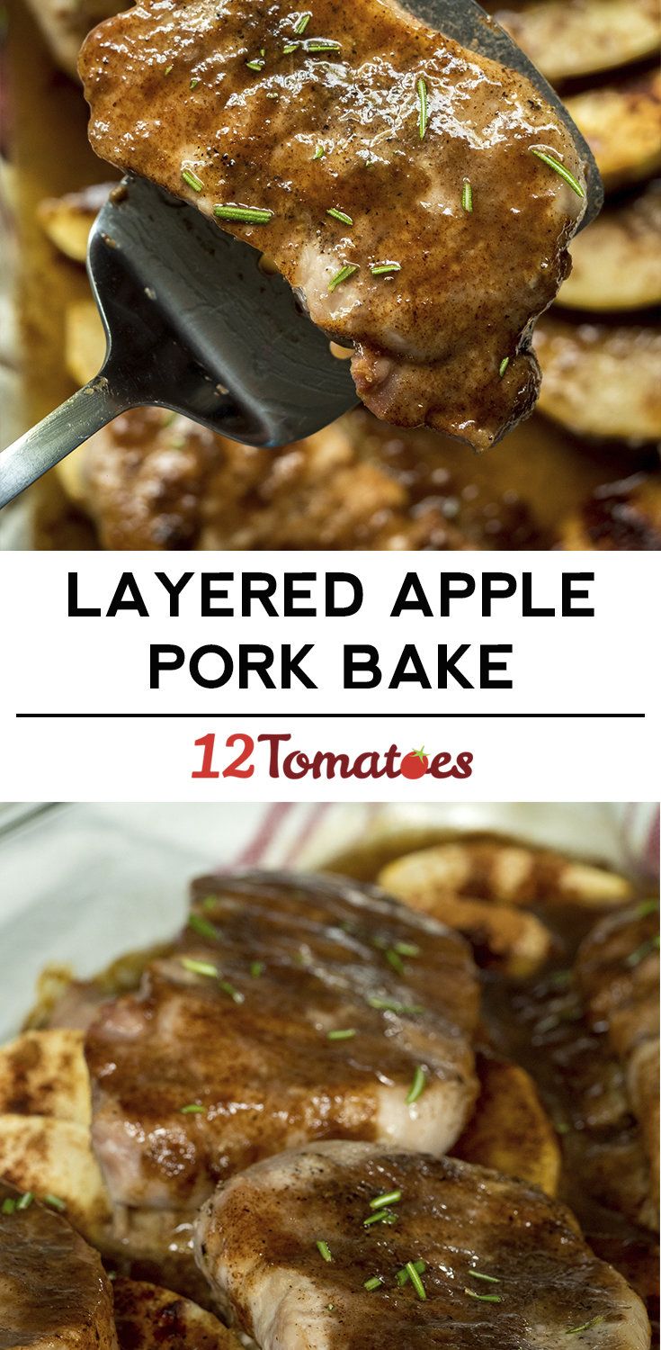 two images showing different types of baked apples and pork bake with text overlay that reads layered apple pork bake