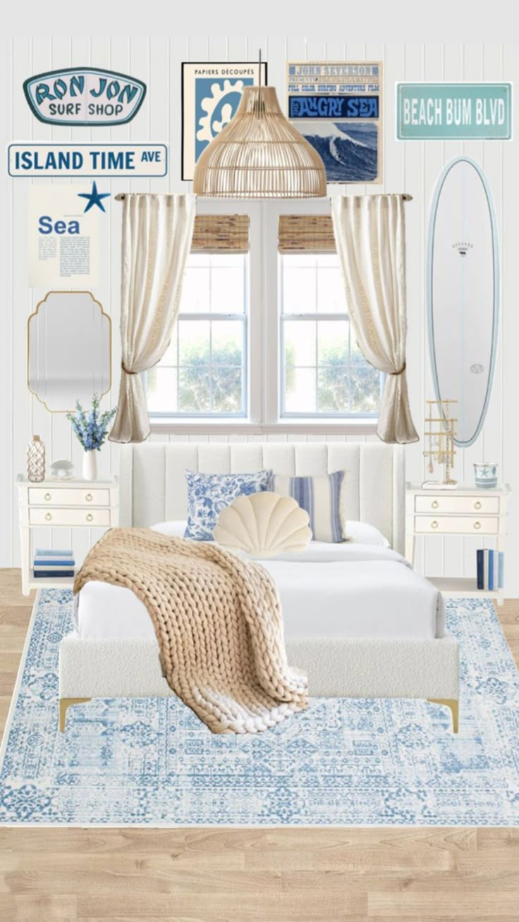 the bedroom is decorated in blue and white