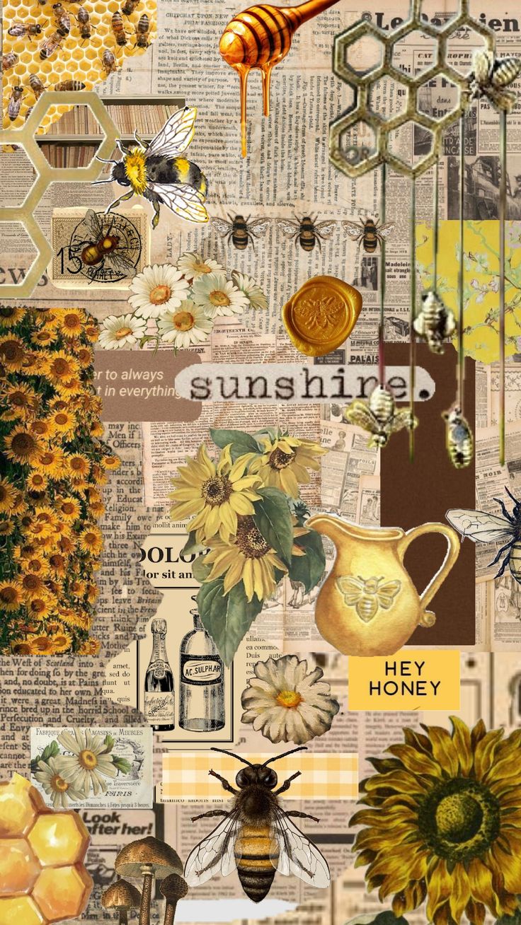 a collage of bees, sunflowers and honey