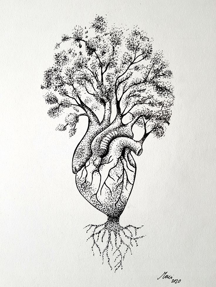 a black and white drawing of a tree with its roots in the shape of a heart