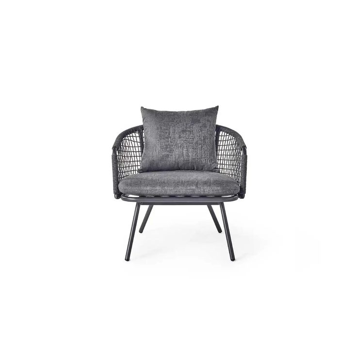 a gray chair with a black frame and grey pillow on it's back, in front of a white background