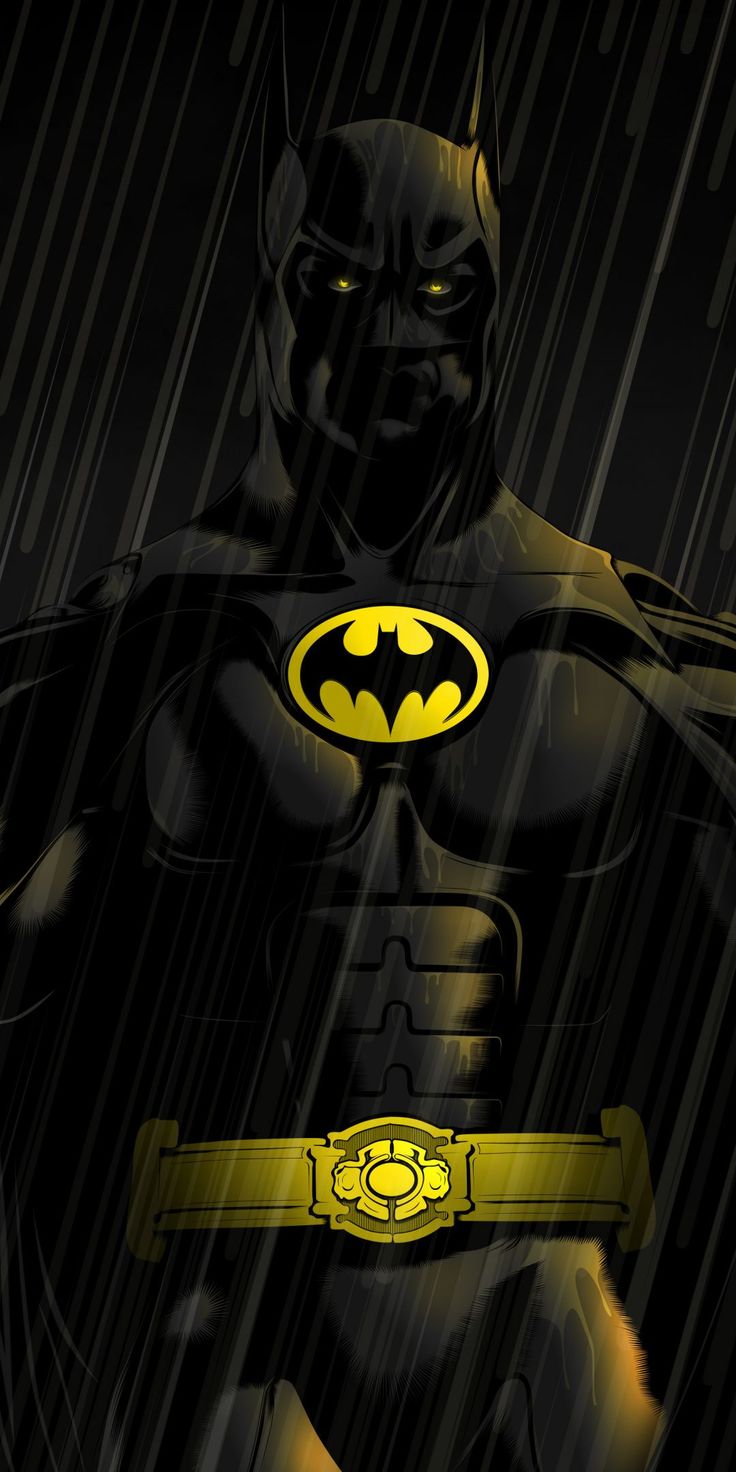 batman in the rain with his yellow belt and black suit, looking like he is ready to